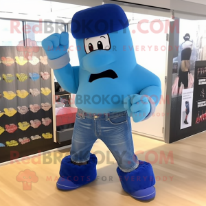 Blue Boxing Glove mascot costume character dressed with a Boyfriend Jeans and Hats