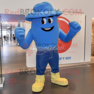 Blue Boxing Glove mascot costume character dressed with a Boyfriend Jeans and Hats