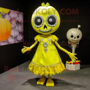 Lemon Yellow Skull mascot costume character dressed with a A-Line Dress and Anklets