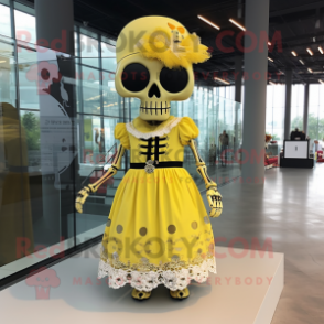 Lemon Yellow Skull mascot costume character dressed with a A-Line Dress and Anklets