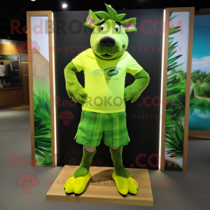 Lime Green Wild Boar mascot costume character dressed with a Board Shorts and Tie pins