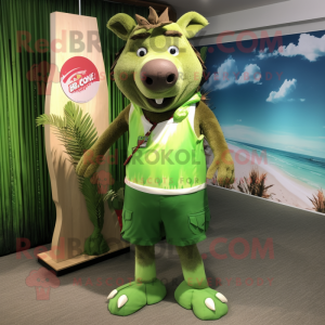 Lime Green Wild Boar mascot costume character dressed with a Board Shorts and Tie pins