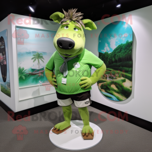Lime Green Wild Boar mascot costume character dressed with a Board Shorts and Tie pins