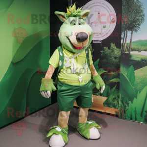 Lime Green Wild Boar mascot costume character dressed with a Board Shorts and Tie pins