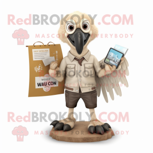Cream Vulture mascot costume character dressed with a Oxford Shirt and Lapel pins