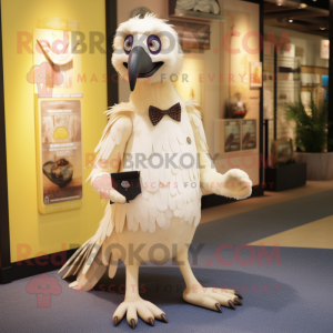 Cream Vulture mascot costume character dressed with a Oxford Shirt and Lapel pins