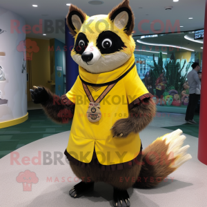Yellow Raccoon mascot costume character dressed with a Pencil Skirt and Shawl pins