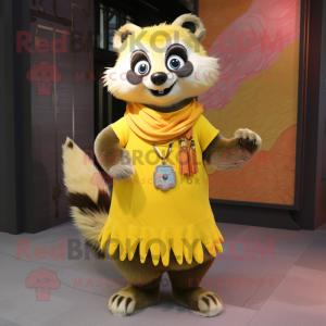 Yellow Raccoon mascot costume character dressed with a Pencil Skirt and Shawl pins