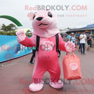 Maskotfigur av en rosa...