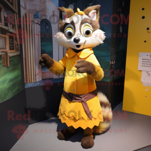 Yellow Raccoon mascot costume character dressed with a Pencil Skirt and Shawl pins