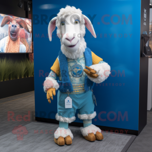 Blue Boer Goat mascot costume character dressed with a Sweater and Rings