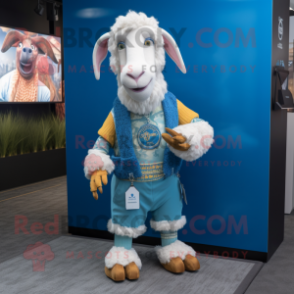 Blue Boer Goat mascot costume character dressed with a Sweater and Rings