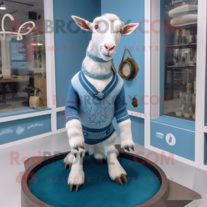 Blue Boer Goat mascot costume character dressed with a Sweater and Rings
