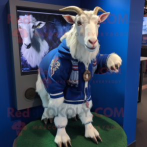 Blue Boer Goat mascot costume character dressed with a Sweater and Rings