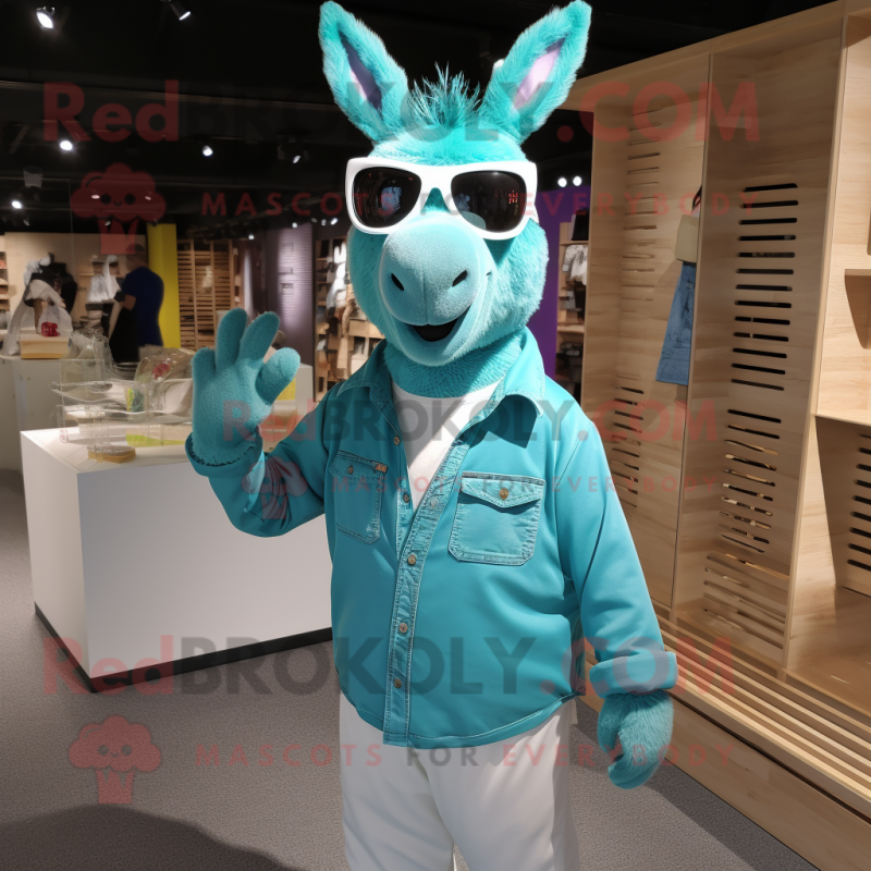 Turquoise Donkey mascot costume character dressed with a Chinos and Sunglasses Turquoise Donkey mascot costume character dressed with a Chinos and Sunglasses