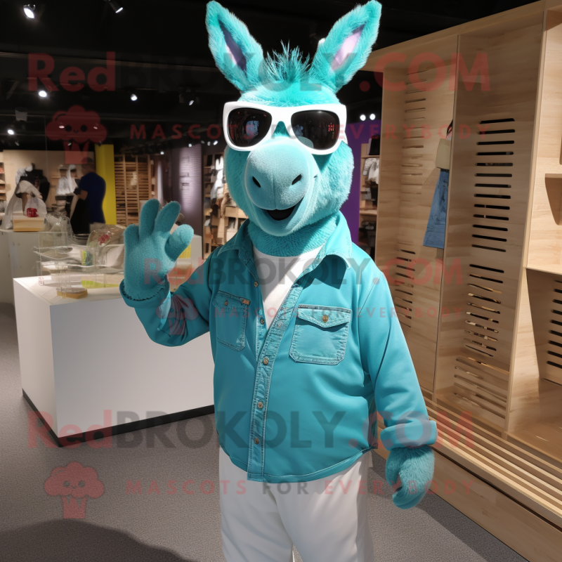 Turquoise Donkey mascot costume character dressed with a Chinos and Sunglasses