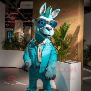 Turquoise Donkey mascot costume character dressed with a Chinos and Sunglasses