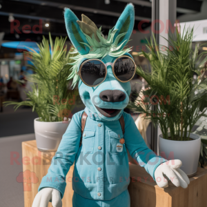 Turquoise Donkey mascot costume character dressed with a Chinos and Sunglasses