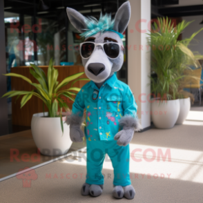 Turquoise Donkey mascot costume character dressed with a Chinos and Sunglasses