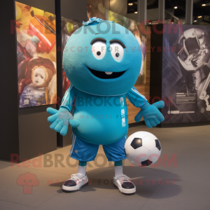 Turquoise Soccer Ball mascot costume character dressed with a Jeggings and Cummerbunds
