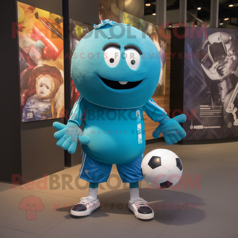 Turquoise Soccer Ball mascot costume character dressed with a Jeggings and Cummerbunds