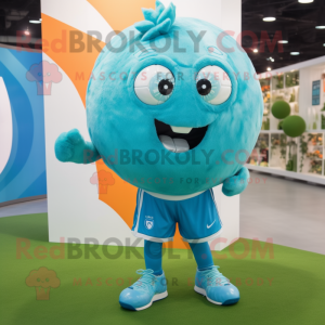 Turquoise Soccer Ball mascot costume character dressed with a Jeggings and Cummerbunds