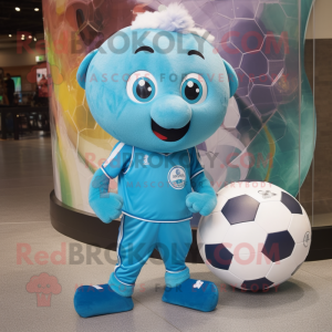 Turquoise Soccer Ball mascot costume character dressed with a Jeggings and Cummerbunds