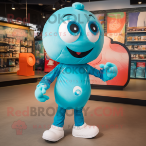 Turquoise Soccer Ball mascot costume character dressed with a Jeggings and Cummerbunds