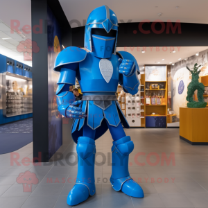 Blue Medieval Knight mascot costume character dressed with a Leggings and Rings