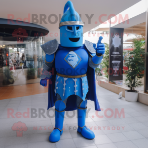 Blue Medieval Knight mascot costume character dressed with a Leggings and Rings