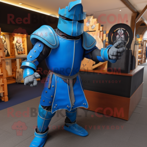 Blue Medieval Knight mascot costume character dressed with a Leggings and Rings