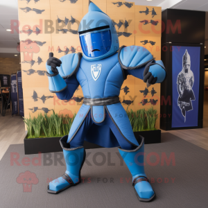 Blue Medieval Knight mascot costume character dressed with a Leggings and Rings