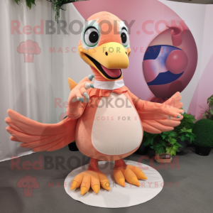 Peach Velociraptor mascot costume character dressed with a Circle Skirt and Mittens