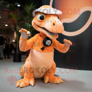 Peach Velociraptor mascot costume character dressed with a Circle Skirt and Mittens