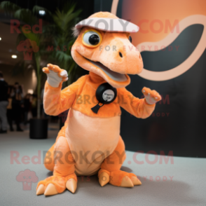 Peach Velociraptor mascot costume character dressed with a Circle Skirt and Mittens