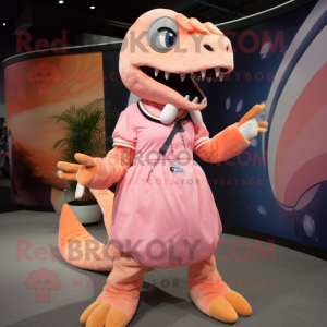 Peach Velociraptor mascot costume character dressed with a Circle Skirt and Mittens