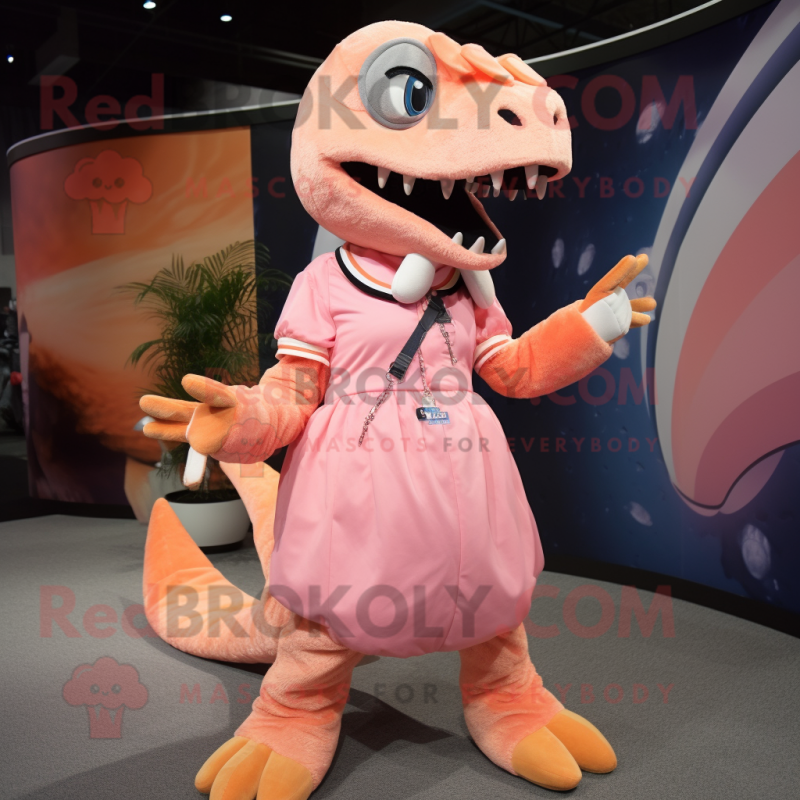 Peach Velociraptor mascot costume character dressed with a Circle Skirt and Mittens Peach Velociraptor mascot costume character dressed with a Circle Skirt and Mittens
