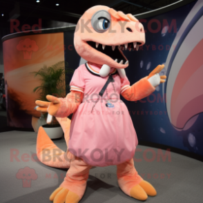 Peach Velociraptor mascot costume character dressed with a Circle Skirt and Mittens