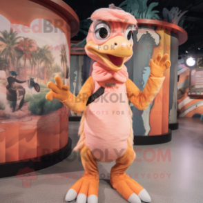 Peach Velociraptor mascot costume character dressed with a Circle Skirt and Mittens