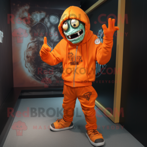 Orange Zombie mascot costume character dressed with a Hoodie and Hat pins