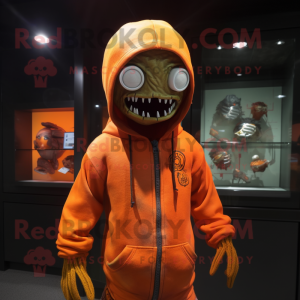 Orange Zombie mascot costume character dressed with a Hoodie and Hat pins