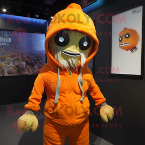 Orange Zombie mascot costume character dressed with a Hoodie and Hat pins