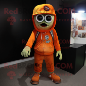 Orange Zombie mascot costume character dressed with a Hoodie and Hat pins