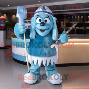 Maskotfigur af en cyan...