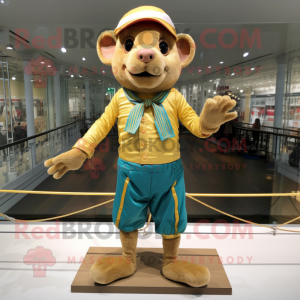 Gold Tightrope Walker mascot costume character dressed with a Bermuda Shorts and Headbands