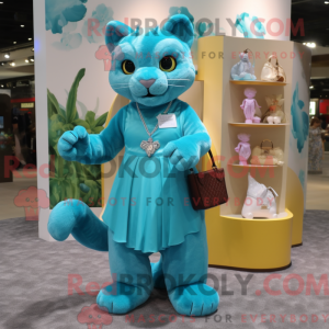 Maskotfigur af en cyan...