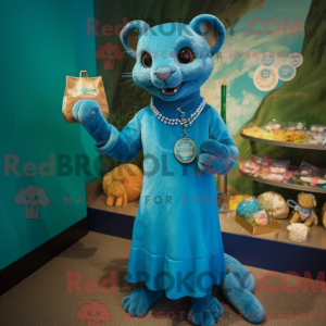 Maskotfigur af en cyan...