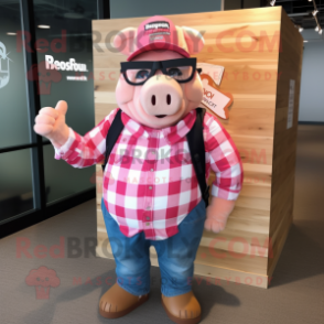 Pink Pulled Pork Sandwich mascot costume character dressed with a Flannel Shirt and Sunglasses
