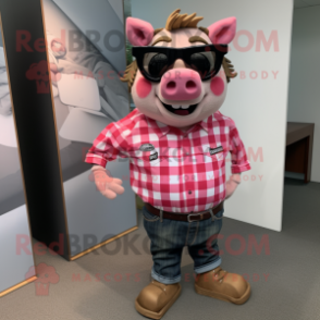 Pink Pulled Pork Sandwich mascot costume character dressed with a Flannel Shirt and Sunglasses