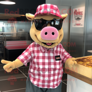 Pink Pulled Pork Sandwich mascot costume character dressed with a Flannel Shirt and Sunglasses